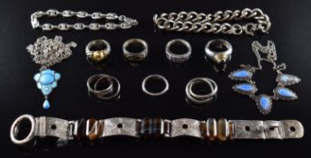 A collection of silver jewellery including six rings, silver and 14k gold ring, Victorian bracelet