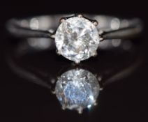An 18ct white gold ring set with a round cut diamond of approximately 0.85ct, 2.7g, size N