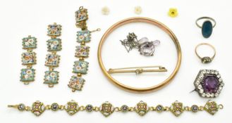 A collection of jewellery including rolled gold Charles Horner flapper bangle, silver brooch, silver
