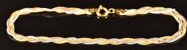 An 18ct gold tri-coloured plaited bracelet, 3g