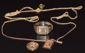 A 9ct gold signet ring, 9ct gold chain and two 9ct gold St Christophers, 7.5g
