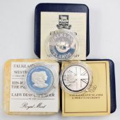 Royal Mint Falkland Islands silver proof crowns including Liberation, Centenary and Royal Wedding,