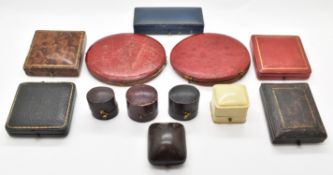 Twelve vintage / antique jewellery, coin, and portrait miniature boxes including tooled leather,