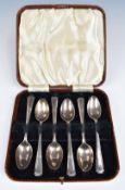 Art Deco cased set of six hallmarked silver teaspoons, Sheffield 1931, maker Francis Howard Ltd,