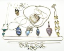 Ten silver necklaces / pendants set with labradorite, agate, quartz, etc