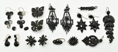 Five pairs of 19thC French jet earrings including AEI (amity, eternity, infinity), butterflies,