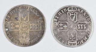 1697 William III half crown, F with drill mark to ground above forehead, together with a holed