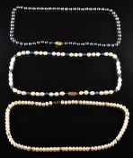 A grey pearl necklace with 18ct gold clasp, cultured pearl necklace with 9ct gold beads, and a