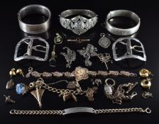 Two silver bangles, a silver bracelet, silver charm bracelet, silver identity bracelet, Victorian