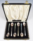 Art Deco cased set of hallmarked silver and guilloché enamel teaspoons, Birmingham, maker Henry