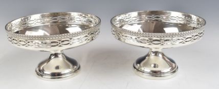 Pair of Mappin & Webb George V hallmarked silver pedestal bon bon dishes with pierced rims,