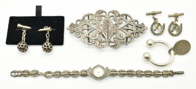 A silver watch set with marcasite, silver buckle, two pairs of silver cufflinks and Tiffany & Co