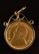 A 1982 gold 1/10 Krugerrand in 9ct gold pendant mount, 4.2g