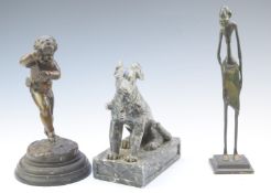 Chinese or similar marble seated figure of a dog, bronze African or similar tribal figure and a