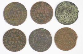 Six 1669 Tetbury town farthing tokens