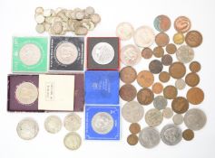 A collection of UK coinage including silver threepences, 1899 silver crown, Victorian halfpenny