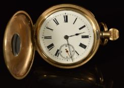 Limit gold plated keyless winding full hunter pocket watch with inset subsidiary seconds dial, blued