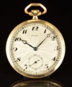 Rolex gold plated keyless winding open faced pocket watch with subsidiary seconds dial, blued clover