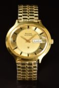 Bulova Accutron gentleman's wristwatch with day and date aperture, luminous tipped gold hands, baton
