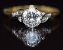 Art Deco 18ct gold ring set with a round cut diamond of approximately 0.93ct in a platinum