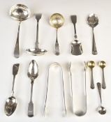 Georgian and later hallmarked silver cutlery including sugar tongs, sifter spoon, ladle and salt