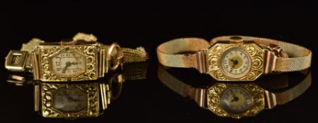 Two unnamed yellow metal ladies wristwatches both with ornate embossed decoration, one on bi-
