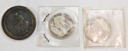 George III 1797 cartwheel 2d together with two Victorian half crowns for 1896 and 1890