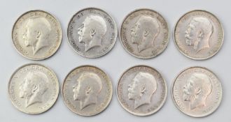 Eight George V consecutive half crowns 1911-1918, all high grades, 98.2g