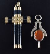 Victorian cross set with onyx and a Victorian swivel watch key set with agate