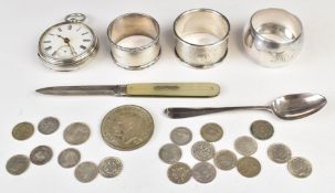 Hallmarked silver napkin rings, hallmarked silver bladed fruit knife, pocket watch, pre-1947
