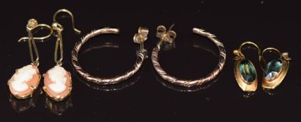 Three pairs of 9ct gold earrings including hoops, cameo set and topaz, 7.3g