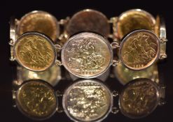A 9ct gold bracelet set with three gold full sovereigns comprising 1893 Melbourne mint mark, 1899