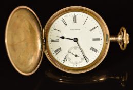 Waltham gold plated keyless winding full hunter pocket watch with inset subsidiary seconds dial,