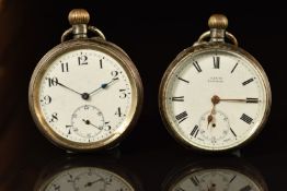 Two silver keyless winding open faced pocket watches, one Jays of London with gold hands, Roman