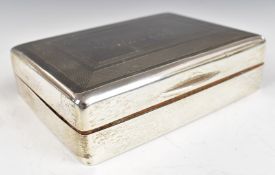 Art Deco hallmarked silver cigarette box with engine turned decoration, London 1936, maker's mark