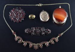 Victorian Bohemian cut garnet necklace and two brooches, agate locket, citrine fob and a locket
