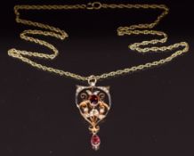 Edwardian 9ct gold pendant set with garnets and seed pearls, on 9ct gold chain, 4.7g