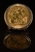 A 9ct gold ring set with a 1903 gold full sovereign with Melbourne Mint mark, 13.7g, size K