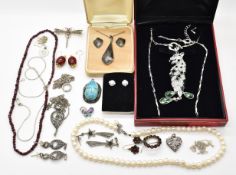 A collection of jewellery including pearl necklace, Siam silver necklace and earrings, five silver