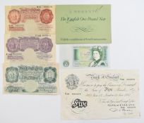 A set of five British banknotes comprising Bank of England white £5 banknote London branch '13