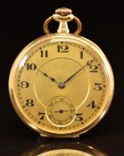 Art Deco 14ct gold keyless winding open faced pocket watch with inset subsidiary seconds dial, blued