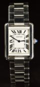 Cartier Tank Solo wristwatch with blued hands, black Roman numerals, silver dial, sapphire set crown