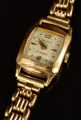 Olma 9ct gold ladies wristwatch with gold hands and hour markers, silver dial and 17 jewel movement,