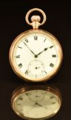 Unnamed 9ct gold keyless winding open faced pocket watch with inset subsidiary seconds dial, blued