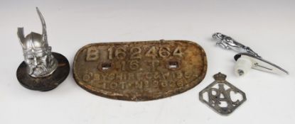 Two car mascots comprising Rover and Jaguar with a RAC badge and cast iron railway wagon plate