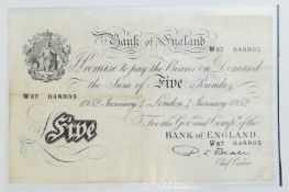 Bank of England white £5 banknote, London branch, 4 January 1952, signed Chief Cashier P.S. Beale,