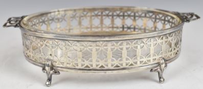 George V hallmarked silver butter dish with pierced decoration and cut glass liner, Birmingham 1926,