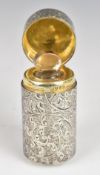 Victorian hallmarked silver travelling perfume bottle or holder with engraved decoration, gilt