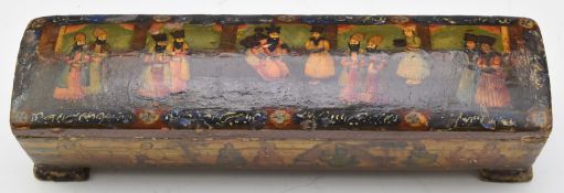 Middle Eastern 19th / 20thC covered lacquer box with figural decoration, W31 x D85 x H7.5cm