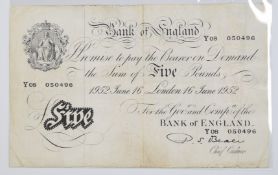 Bank of England white £5 banknote, London branch, 16 June 1952, signed Chief Cashier P.S. Beale,